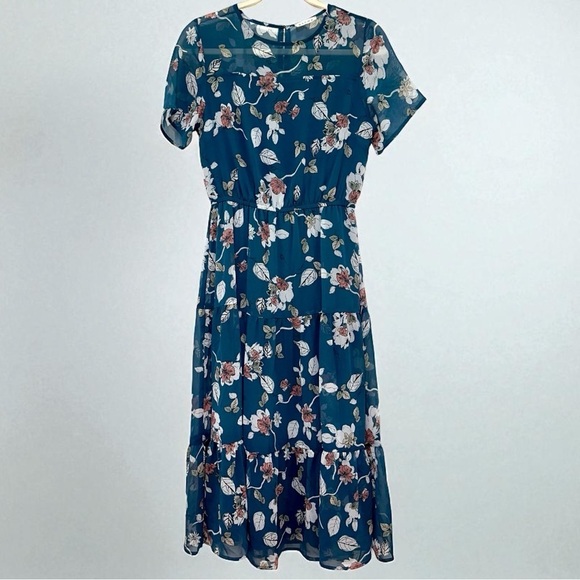 Bohme Teal Floral Sheer Overlay Midi Dress Size S - Picture 4 of 13